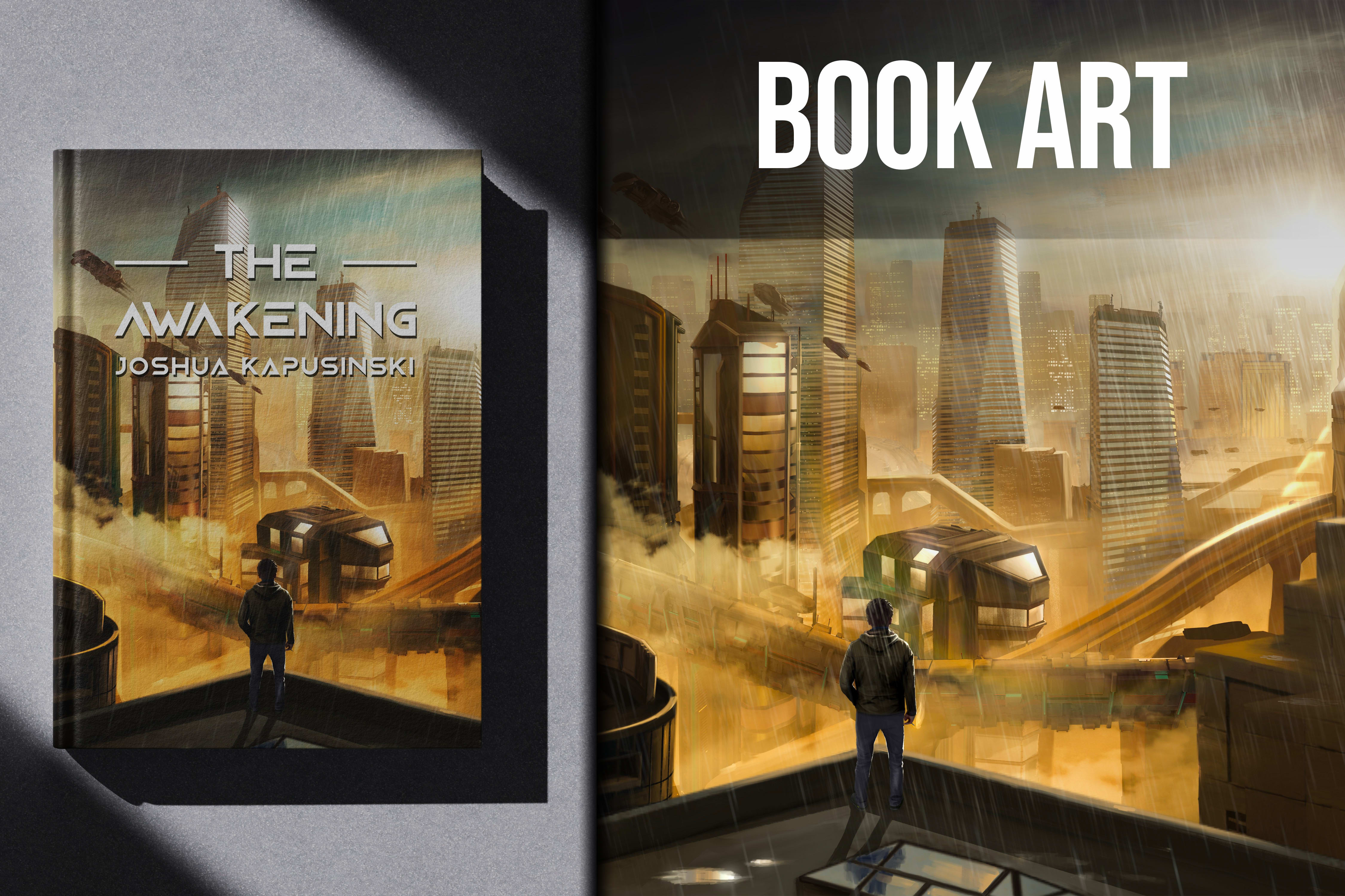 Portada e ilustración de una ciudad futurista dorada para The Awakening.