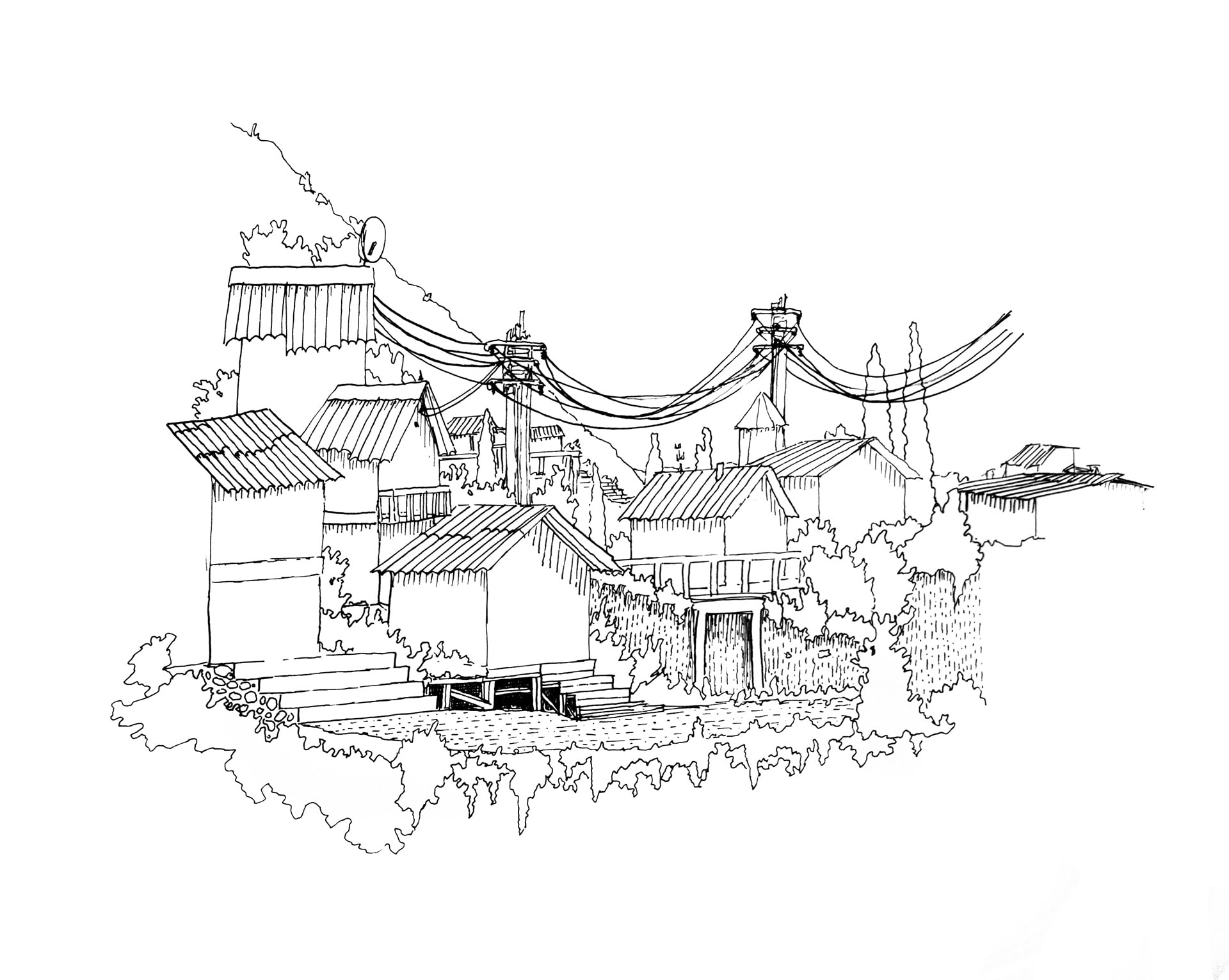 Ilustración de edificios, tejados y cables de un pueblo en tinta negra.